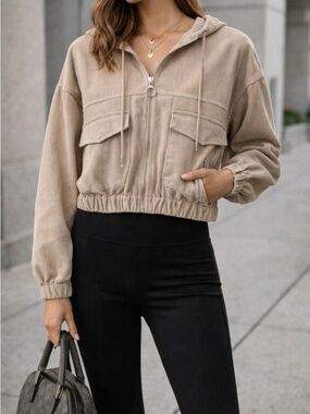 Elodie Cropped Corduroy Jacket Size Small Beige Utility Zip Up Hoodie